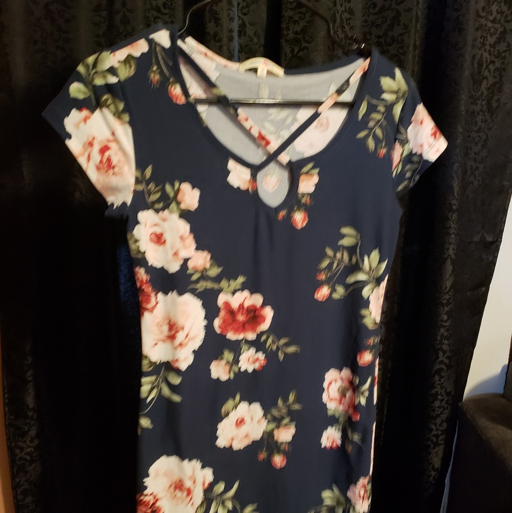 Navy blue with flower long shirt or short dress.